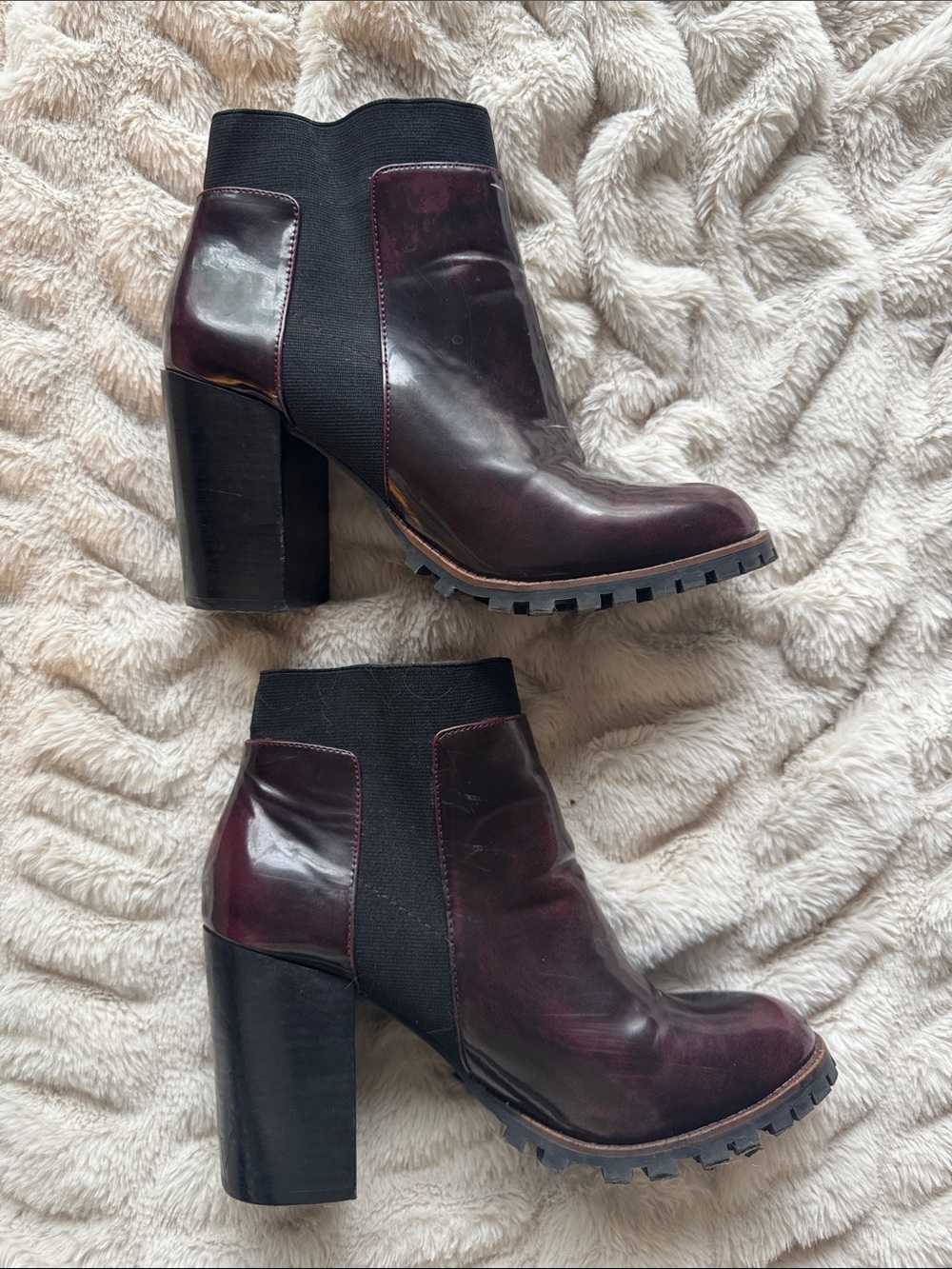 Steve Madden Burgundy Patent Leather Lug-Sole Ankle Booties